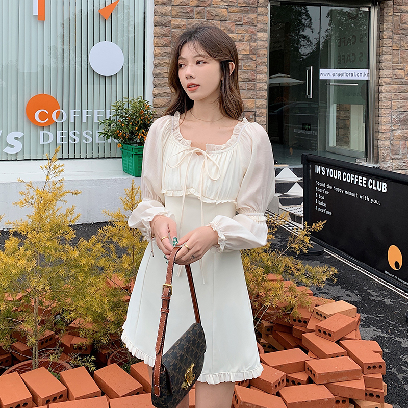 Flat shoulder frenum spring wood ear pure sweet dress