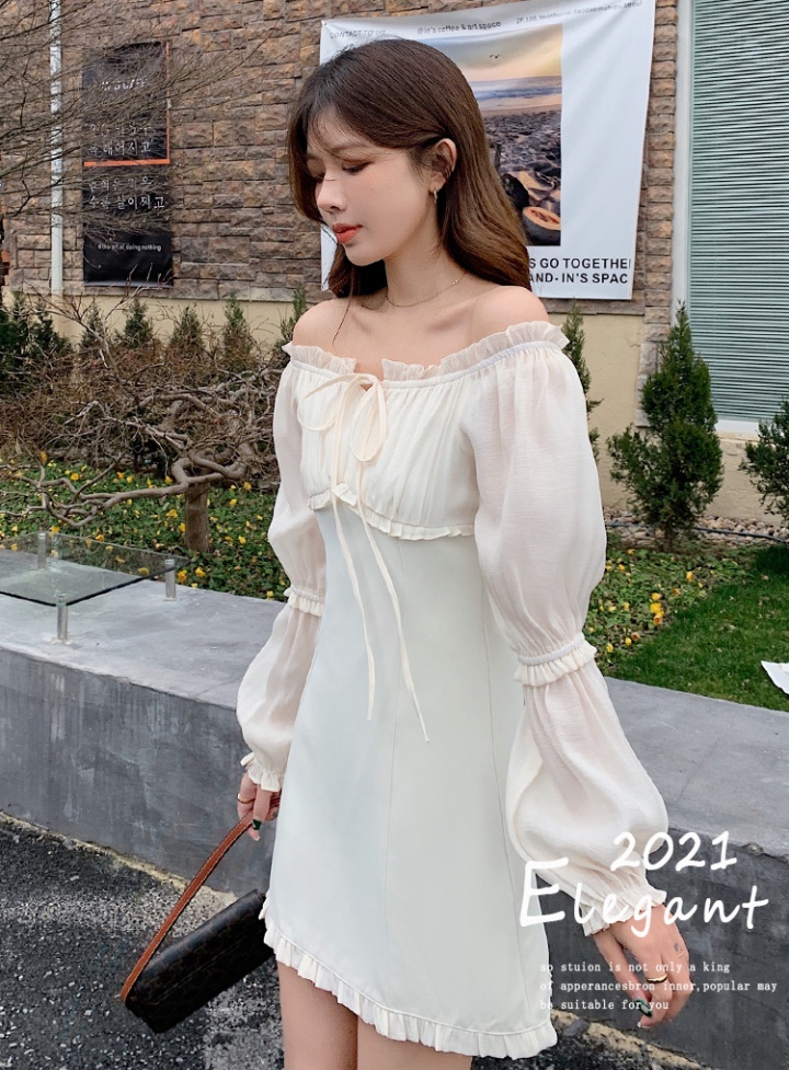 Flat shoulder frenum spring wood ear pure sweet dress