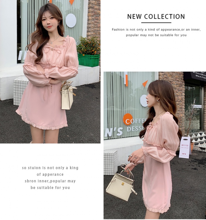 Flat shoulder frenum spring wood ear pure sweet dress