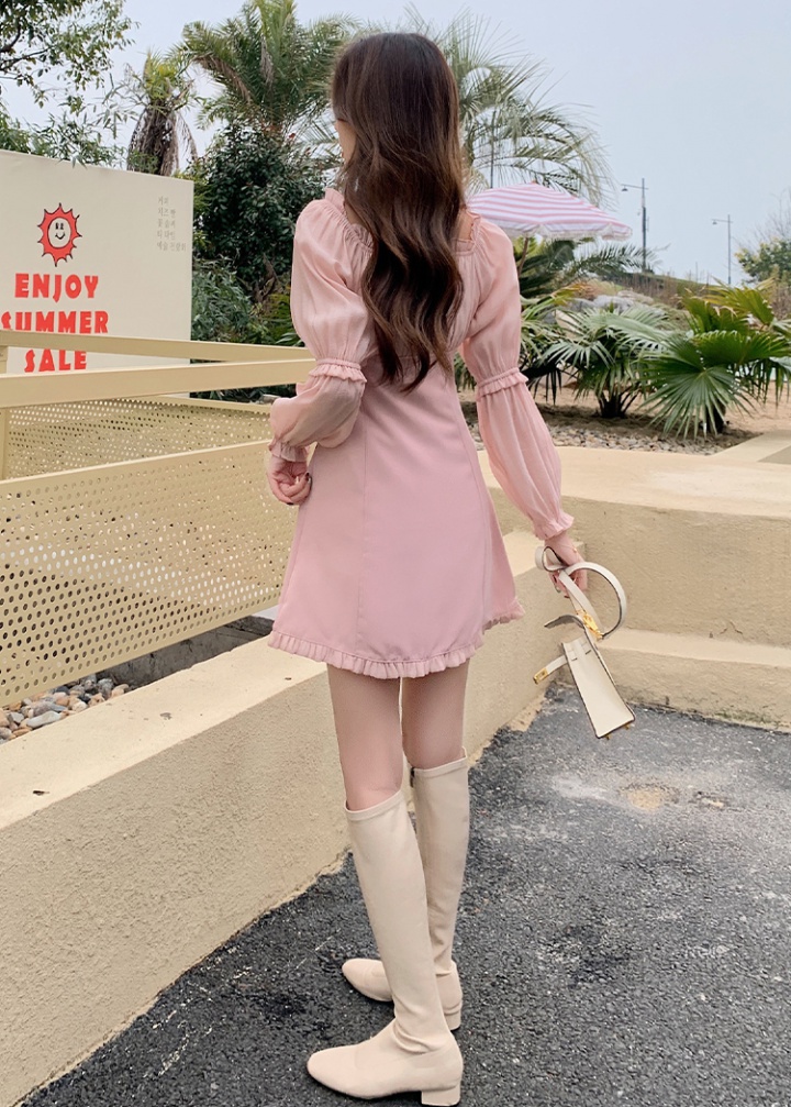 Flat shoulder frenum spring wood ear pure sweet dress