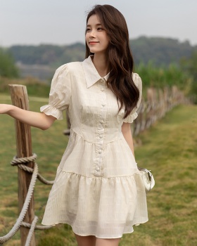 Fold single-breasted shirt Korean style petal sleeve dress