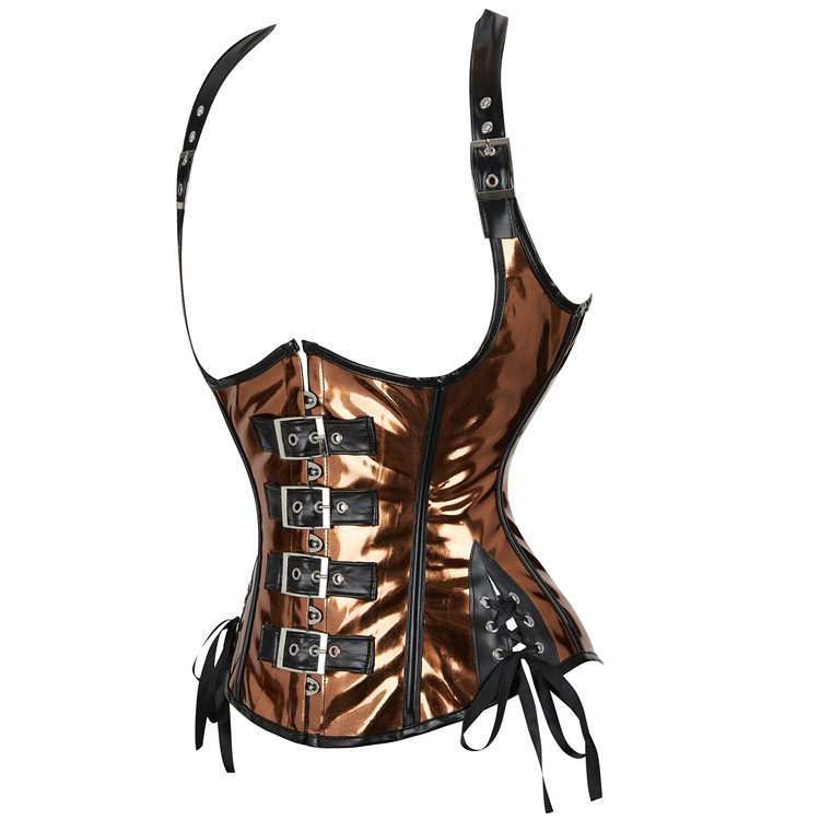 Leatherette waistcoat shoulder strap corset