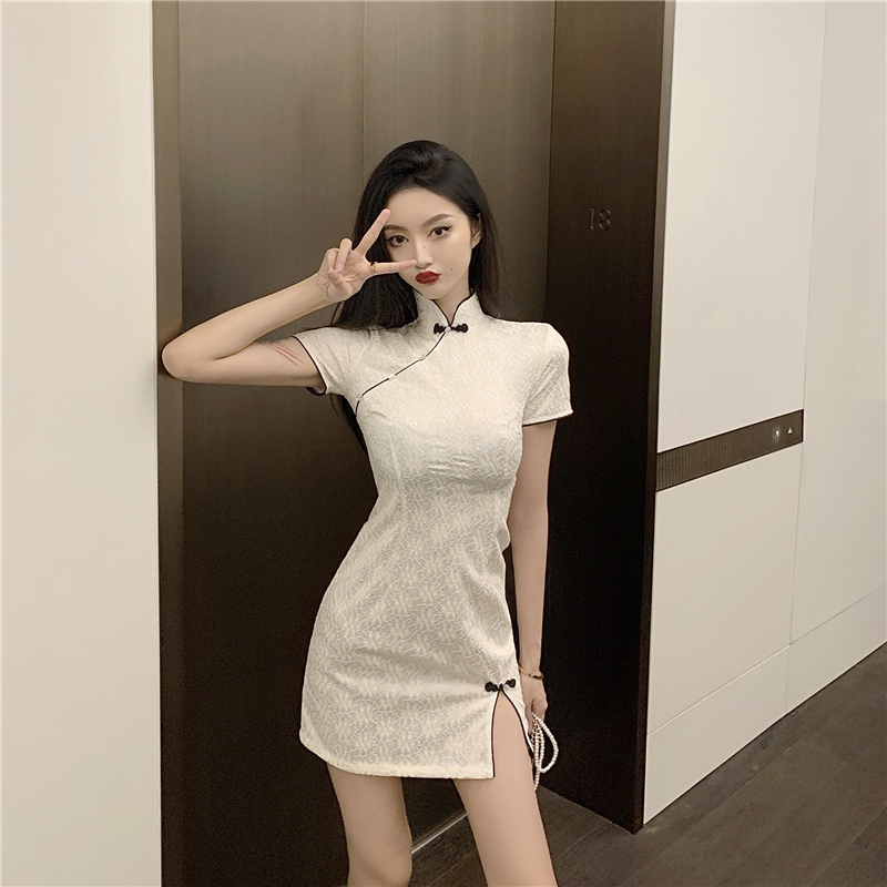 Summer white light dress retro sequins lace cheongsam