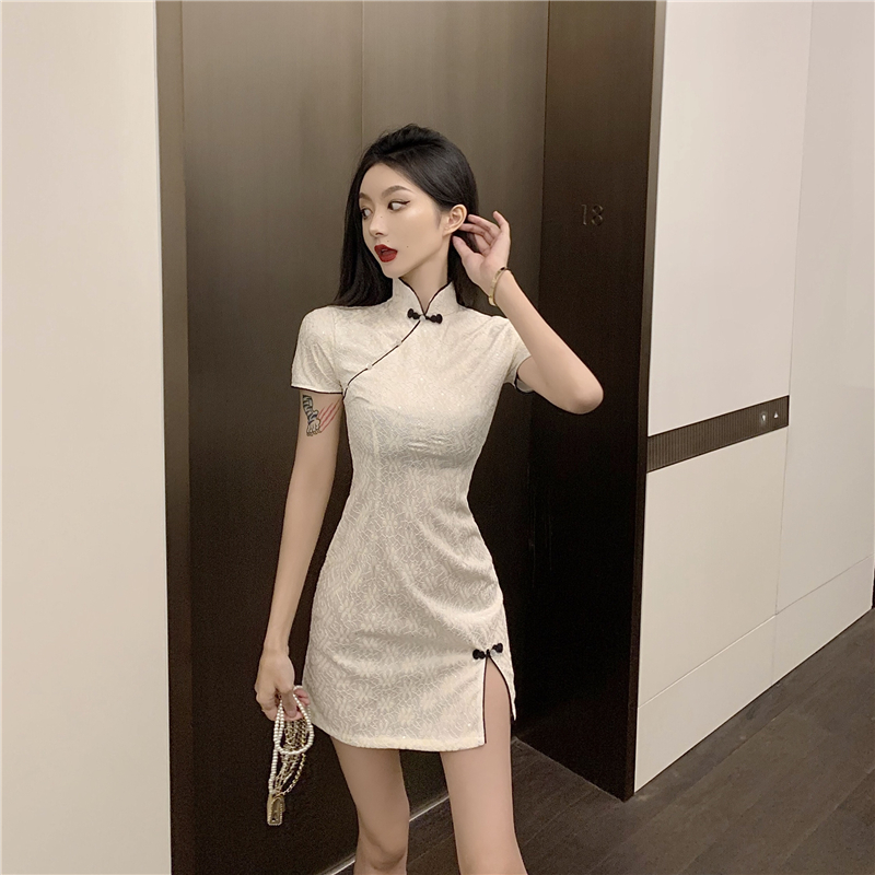 Summer white light dress retro sequins lace cheongsam