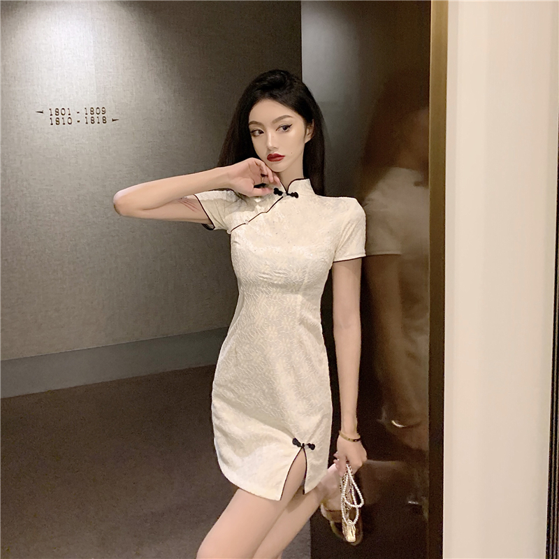 Summer white light dress retro sequins lace cheongsam