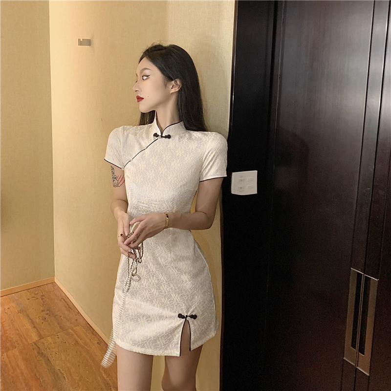 Summer white light dress retro sequins lace cheongsam