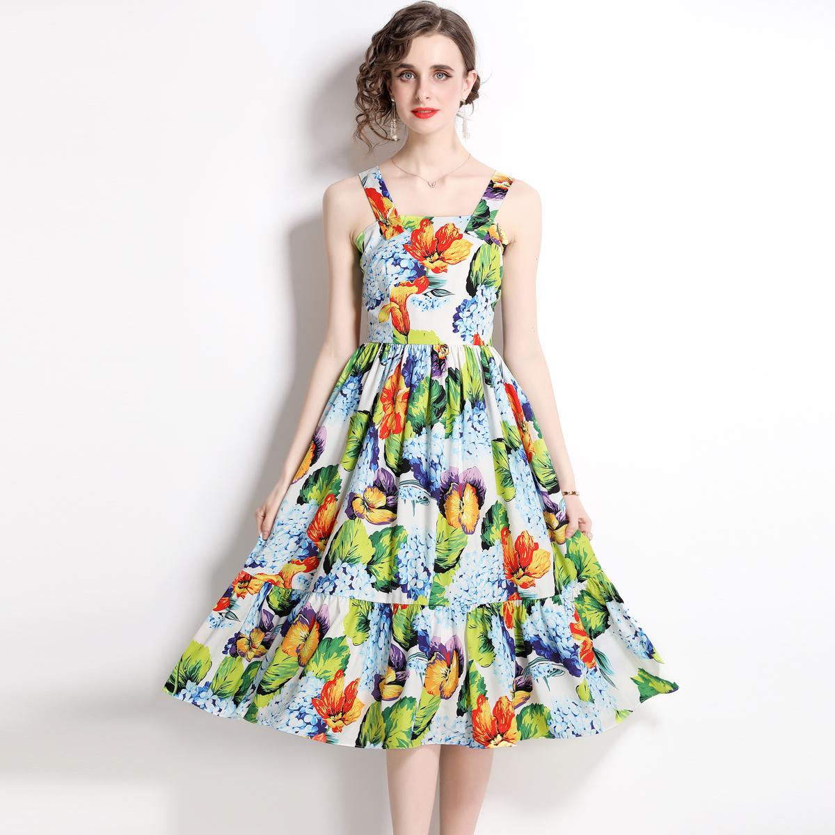 Printing big skirt slim strap dress vacation spring dress