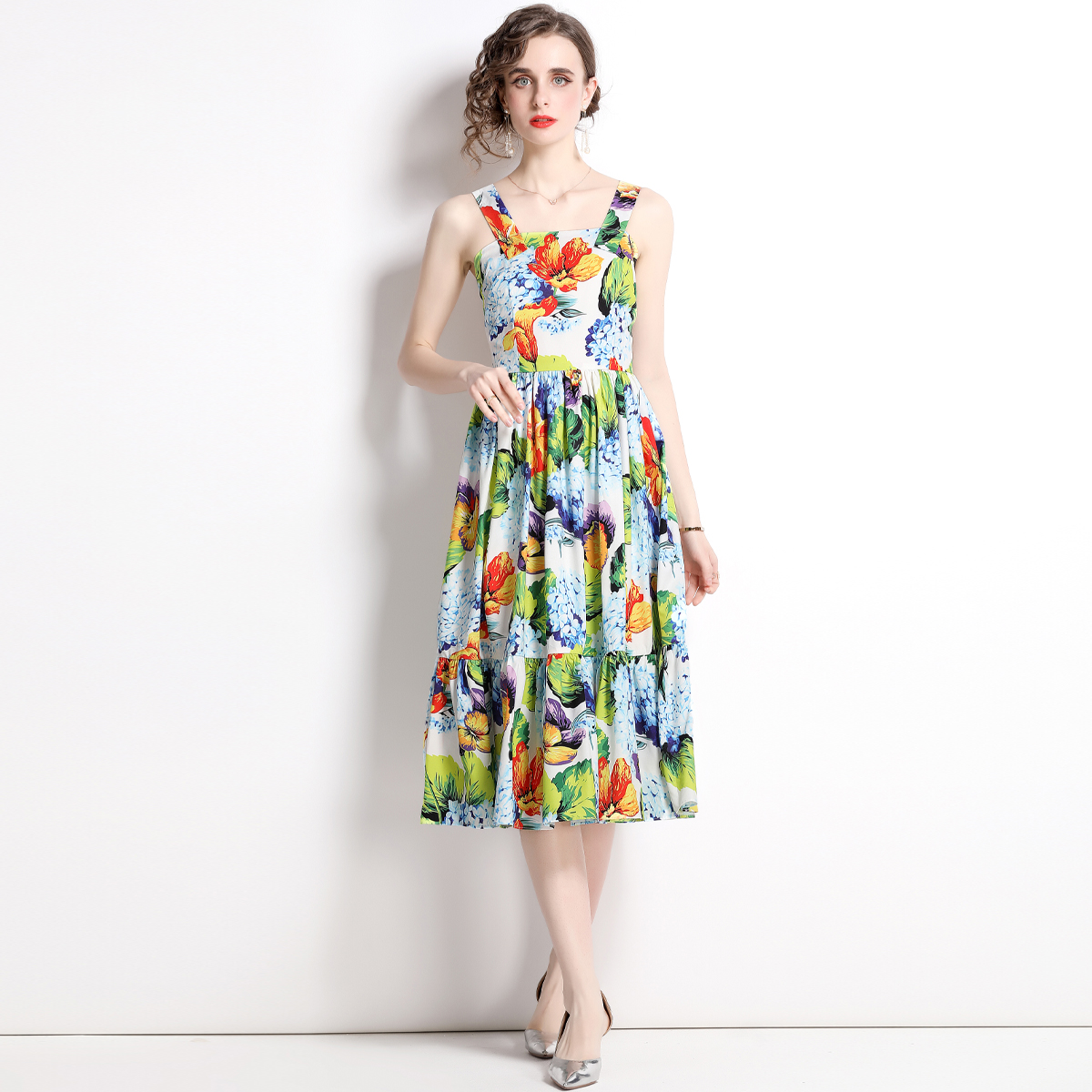 Printing big skirt slim strap dress vacation spring dress