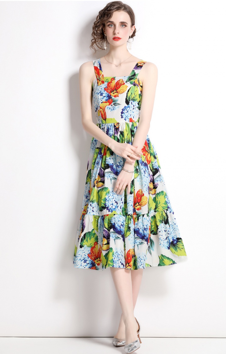 Printing big skirt slim strap dress vacation spring dress