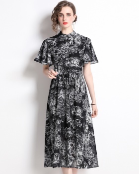 Cotton long printing spring pattern drawstring dress