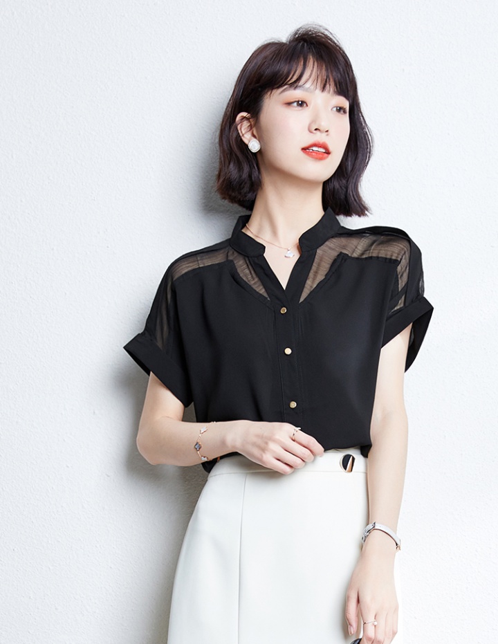 Short sleeve lace chiffon shirt fashion black shirt for women