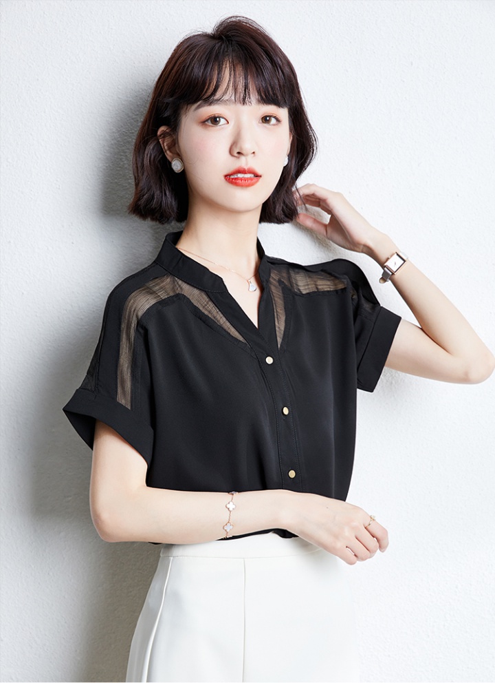 Short sleeve lace chiffon shirt fashion black shirt for women