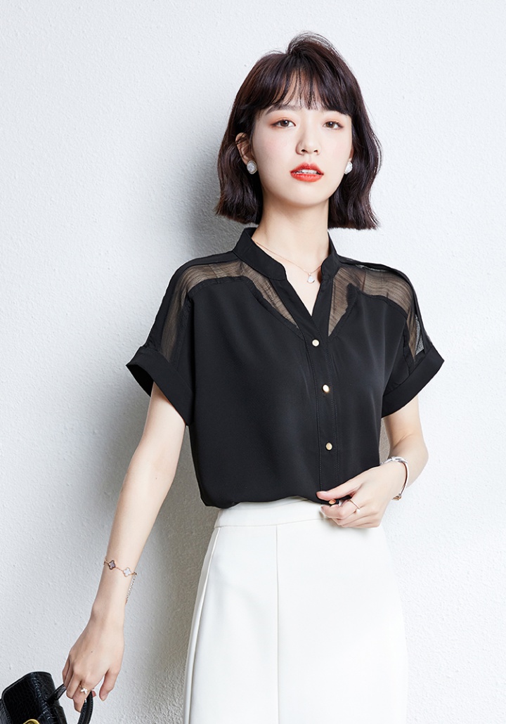 Short sleeve lace chiffon shirt fashion black shirt for women