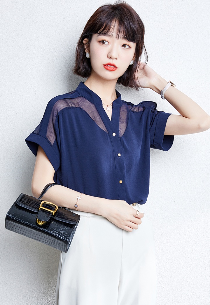 Short sleeve lace chiffon shirt fashion black shirt for women