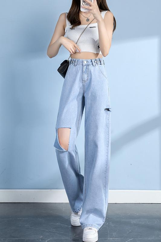 Light color holes pants slim mopping jeans for women