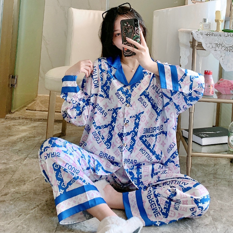 Spring and autumn pajamas ice silk cardigan a set for women