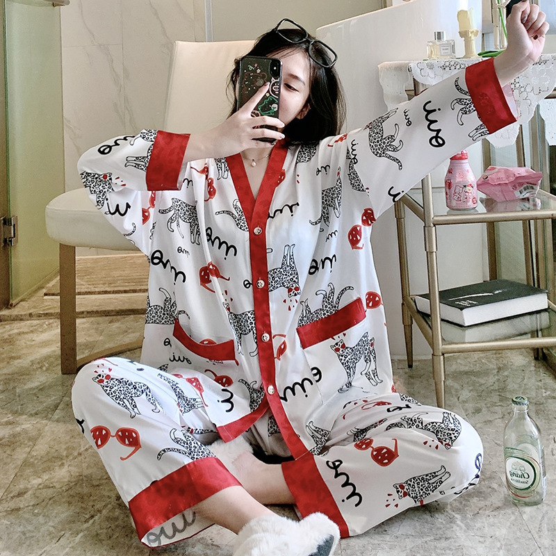 Spring and autumn pajamas ice silk cardigan a set for women