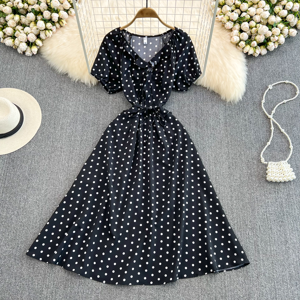 Korean style big skirt high waist slim polka dot dress