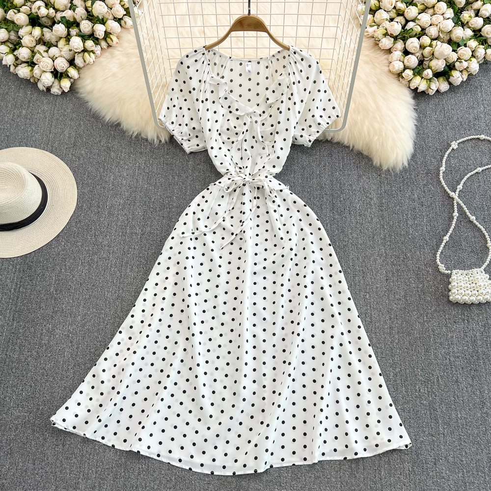 Korean style big skirt high waist slim polka dot dress