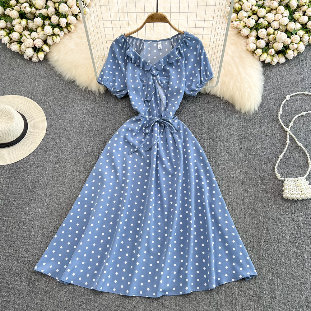 Korean style big skirt high waist slim polka dot dress