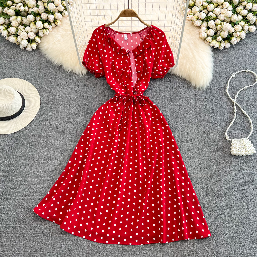 Korean style big skirt high waist slim polka dot dress