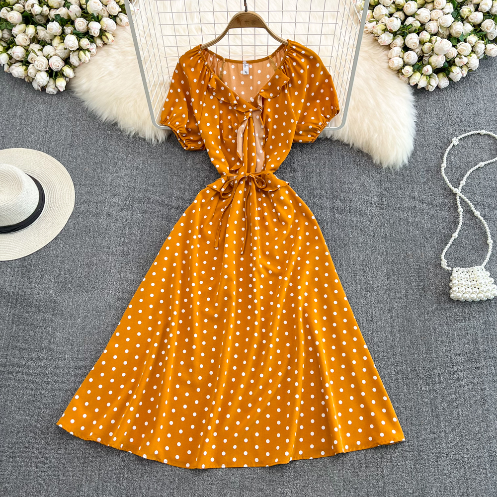 Korean style big skirt high waist slim polka dot dress