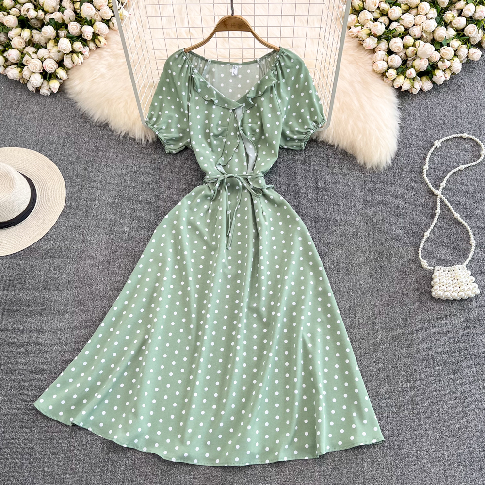 Korean style big skirt high waist slim polka dot dress