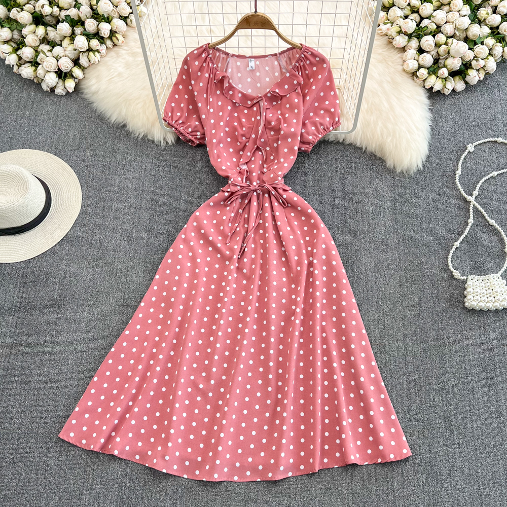 Korean style big skirt high waist slim polka dot dress