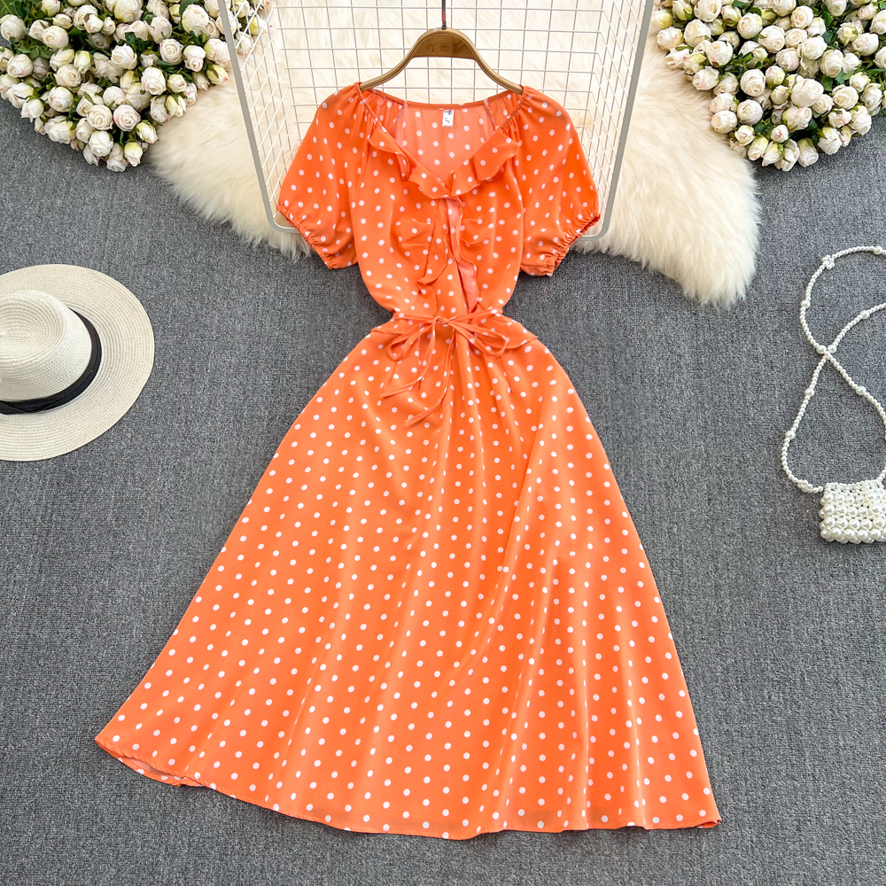 Korean style big skirt high waist slim polka dot dress