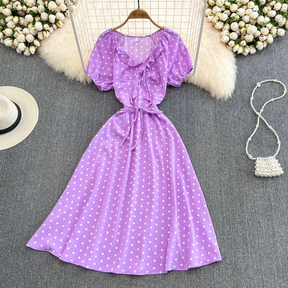 Korean style big skirt high waist slim polka dot dress