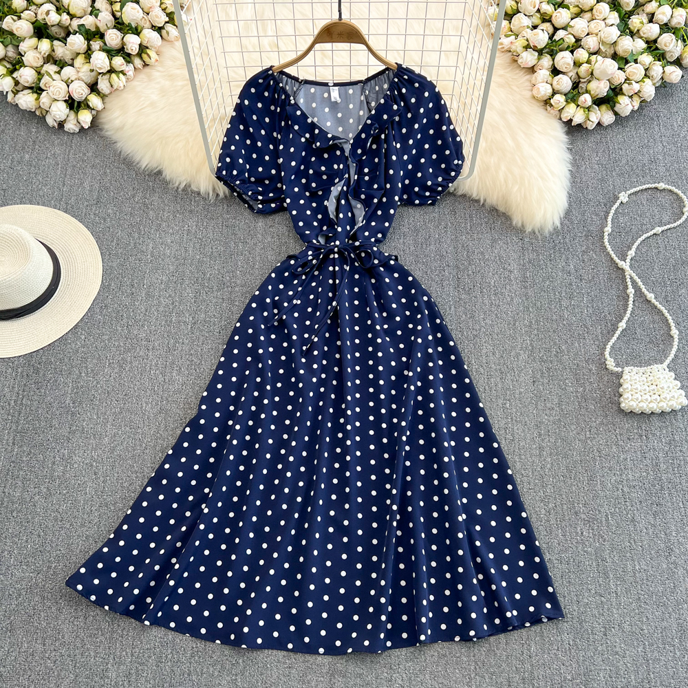 Korean style big skirt high waist slim polka dot dress