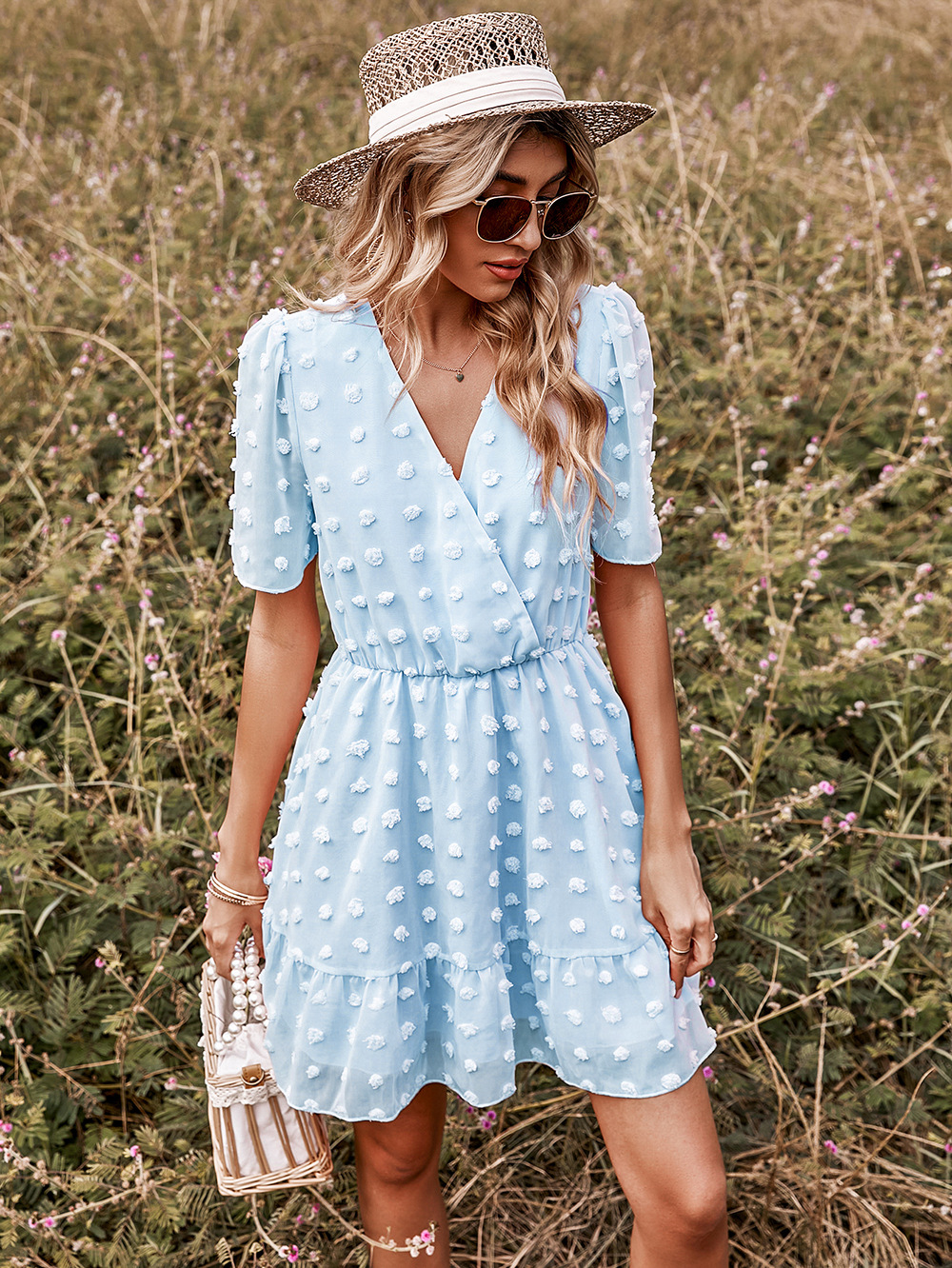 European style short sleeve polka dot dress for women