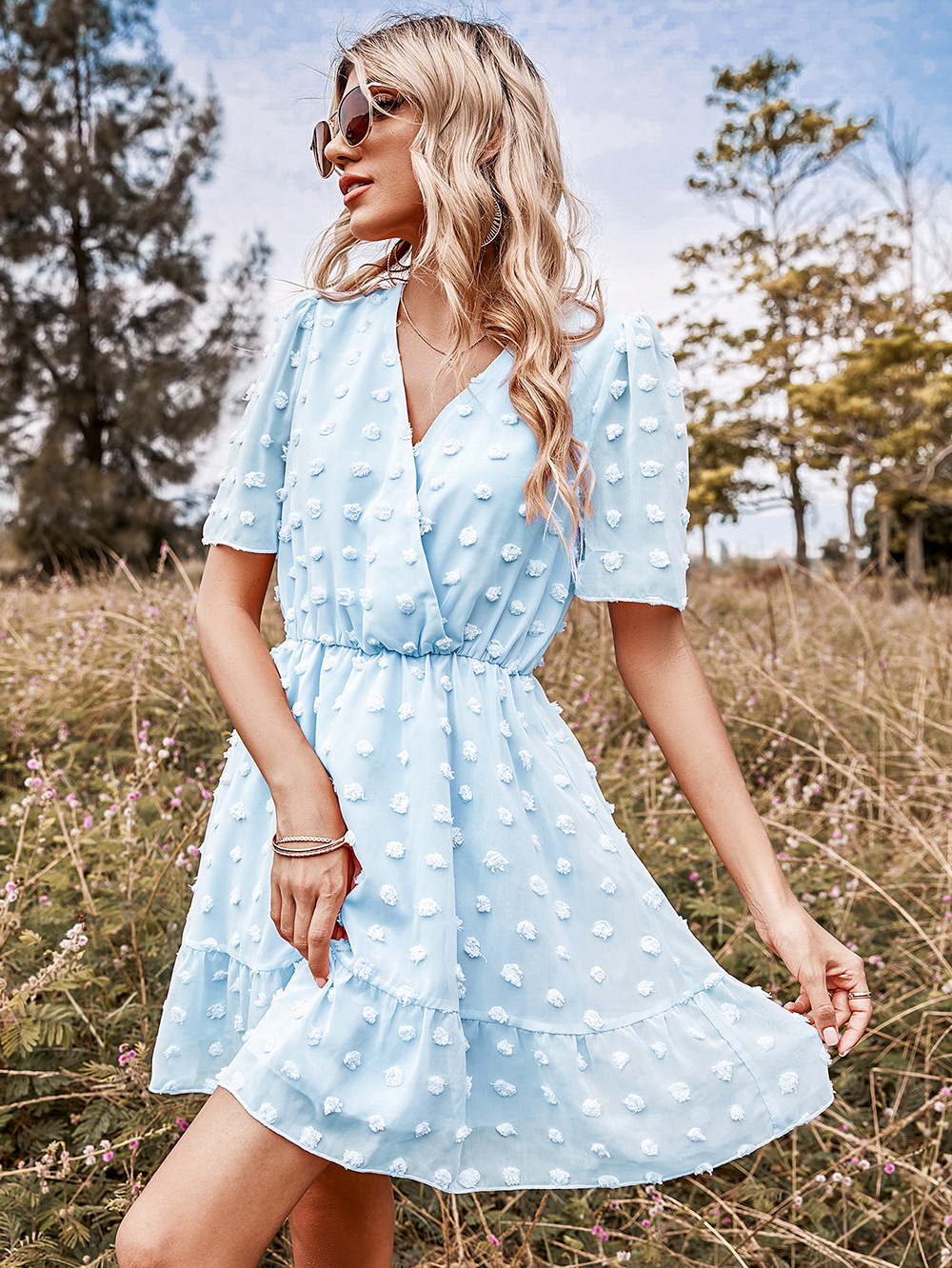 European style short sleeve polka dot dress for women