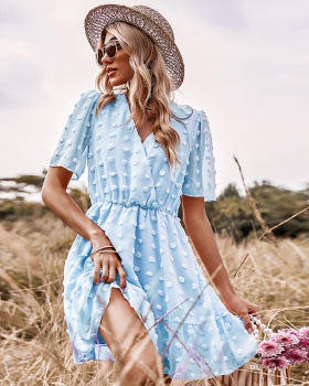 European style short sleeve polka dot dress for women