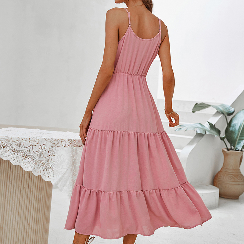 Spring and summer pink strap dress multilayer big skirt dress