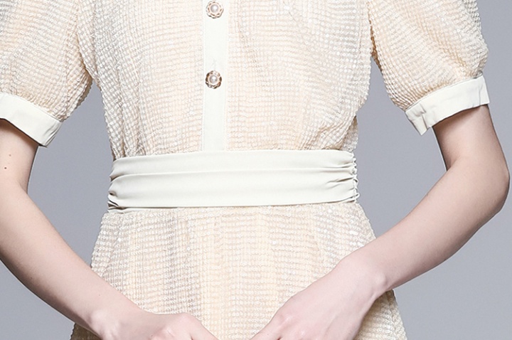 Short sleeve sequins pinched waist long lapel dress
