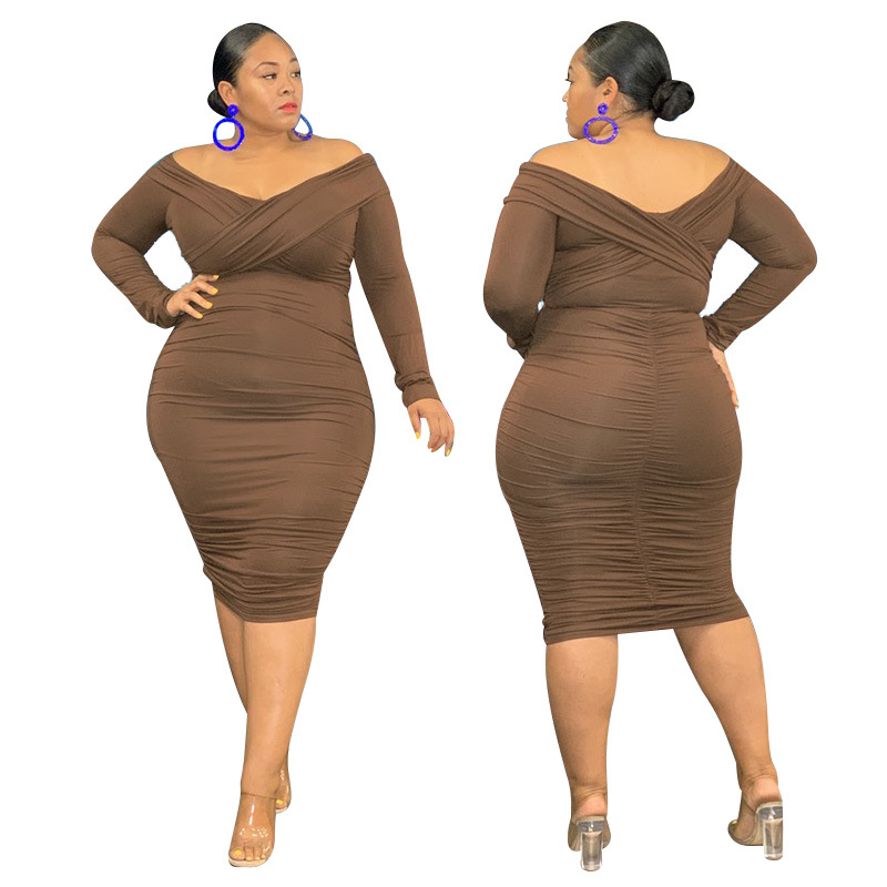 Large yard brown package hip tight V-neck dress