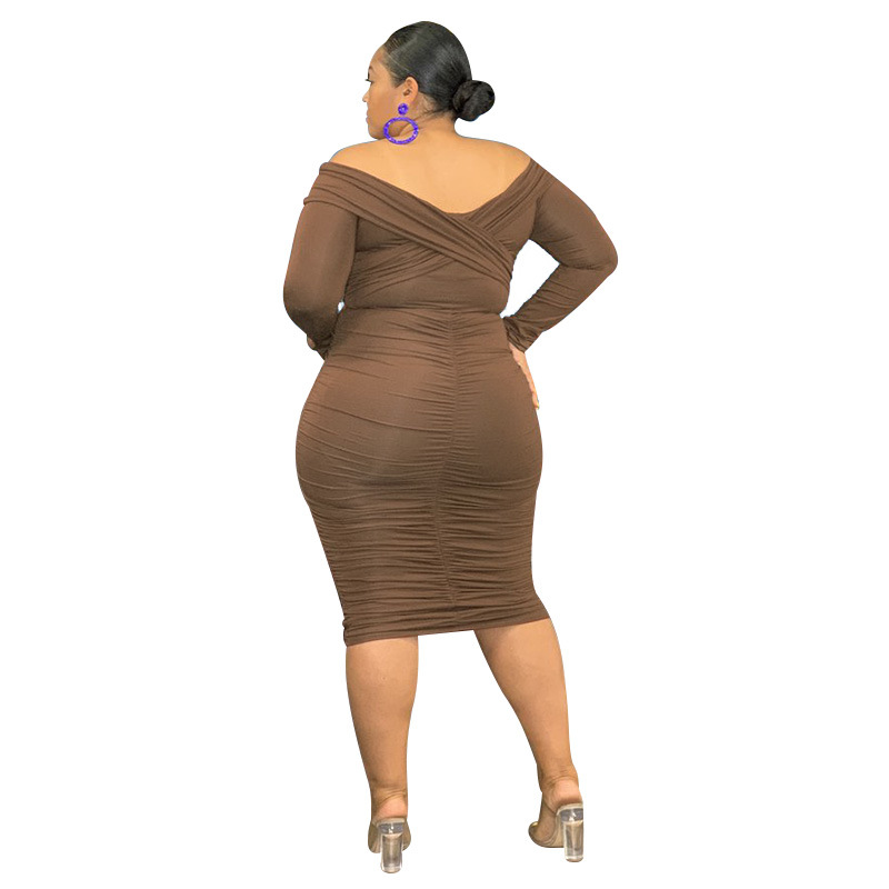 Large yard brown package hip tight V-neck dress