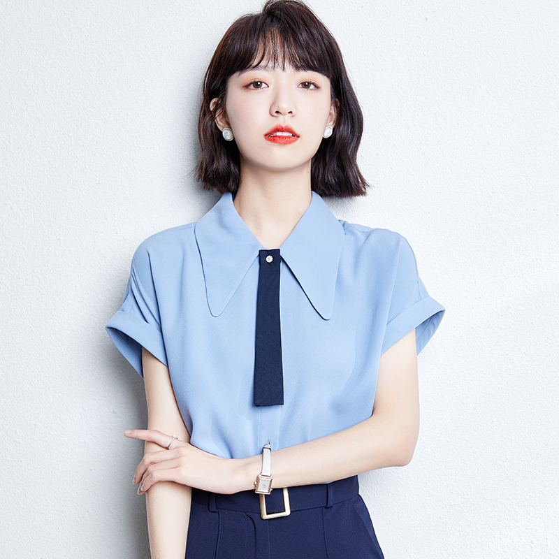 Short sleeve blue chiffon shirt summer shirt for women