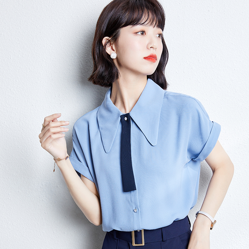 Short sleeve blue chiffon shirt summer shirt for women