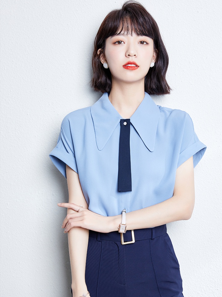 Short sleeve blue chiffon shirt summer shirt for women