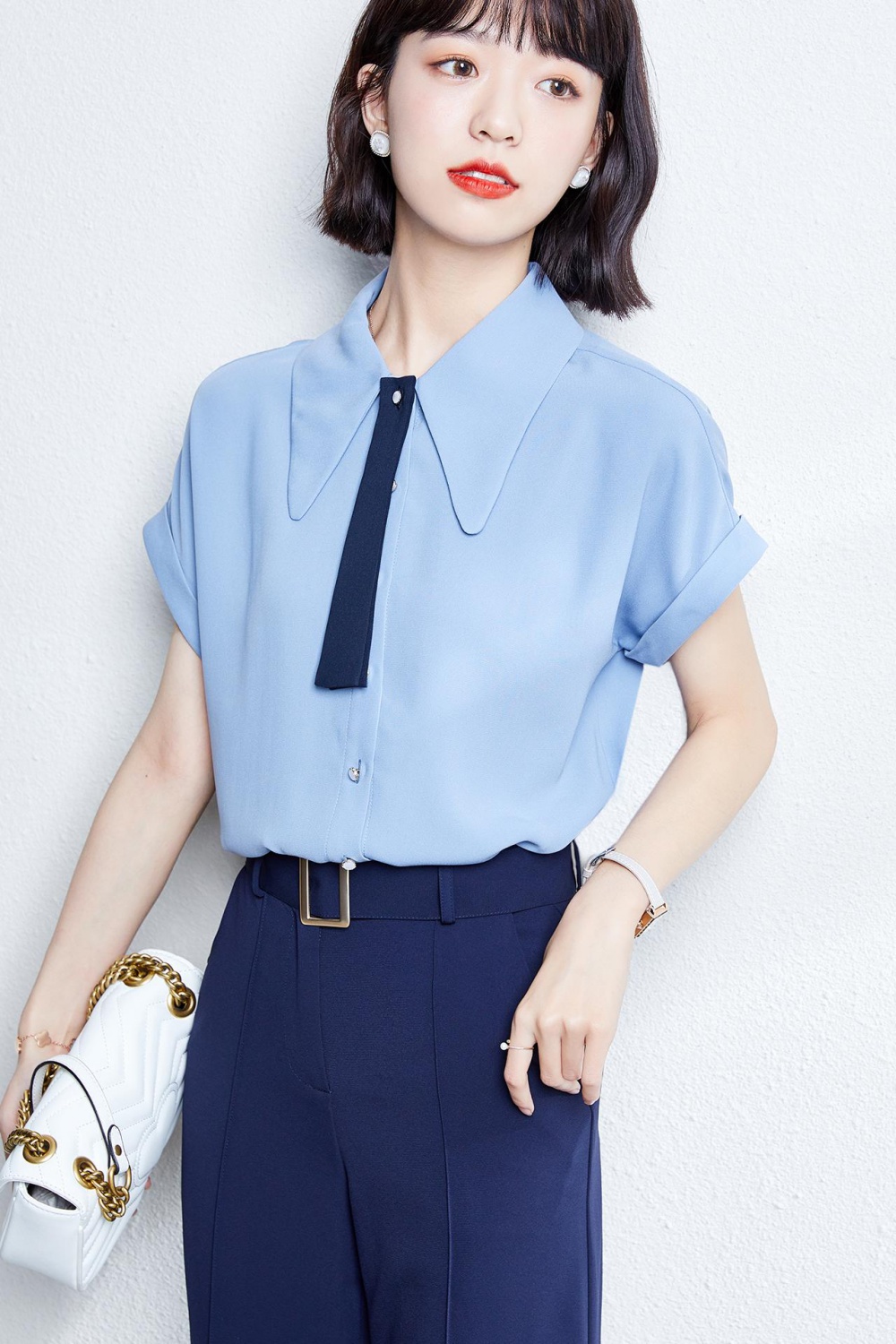 Short sleeve blue chiffon shirt summer shirt for women