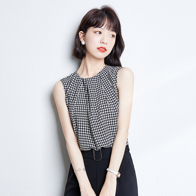 Houndstooth round neck loose tops short sleeve sling vest