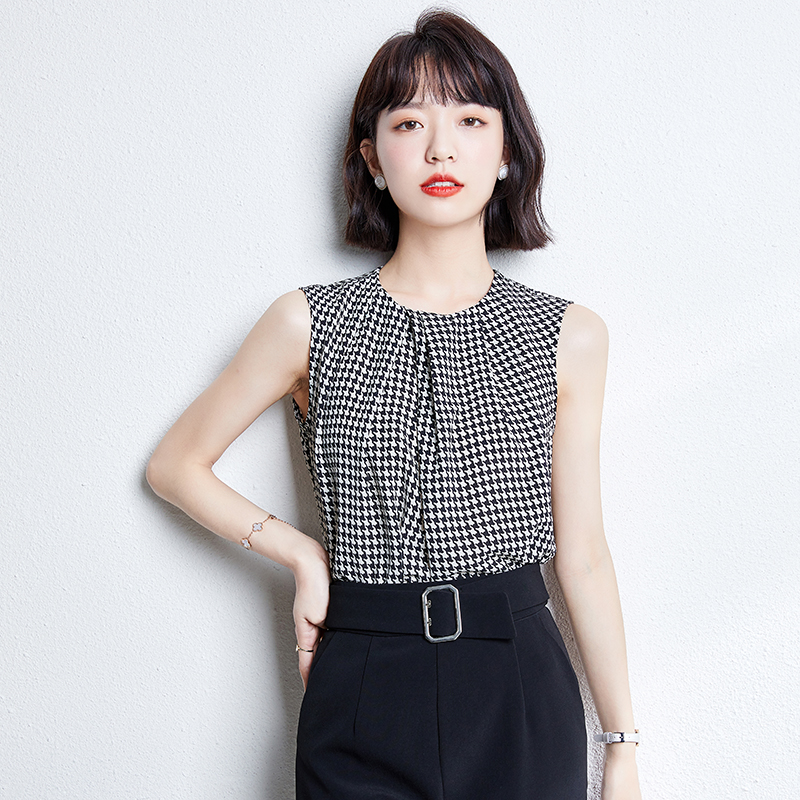 Houndstooth round neck loose tops short sleeve sling vest