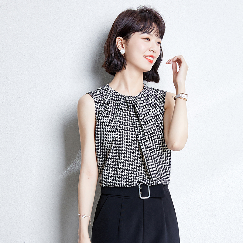 Houndstooth round neck loose tops short sleeve sling vest