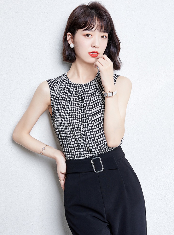 Houndstooth round neck loose tops short sleeve sling vest