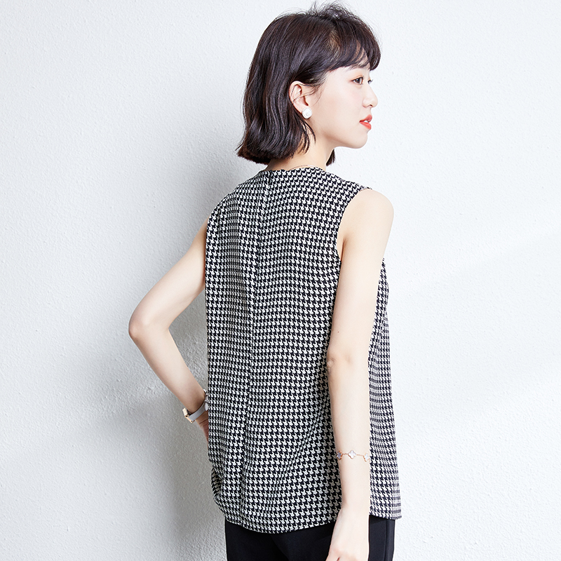 Houndstooth round neck loose tops short sleeve sling vest