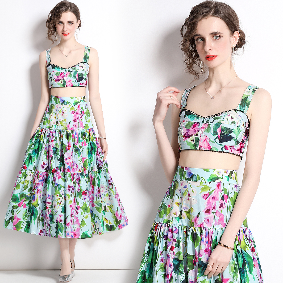 Retro wrapped chest skirt sleeveless printing tops for women