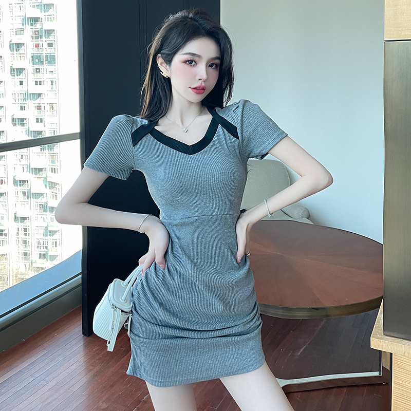 Splice fold V-neck temperament slim package hip summer dress