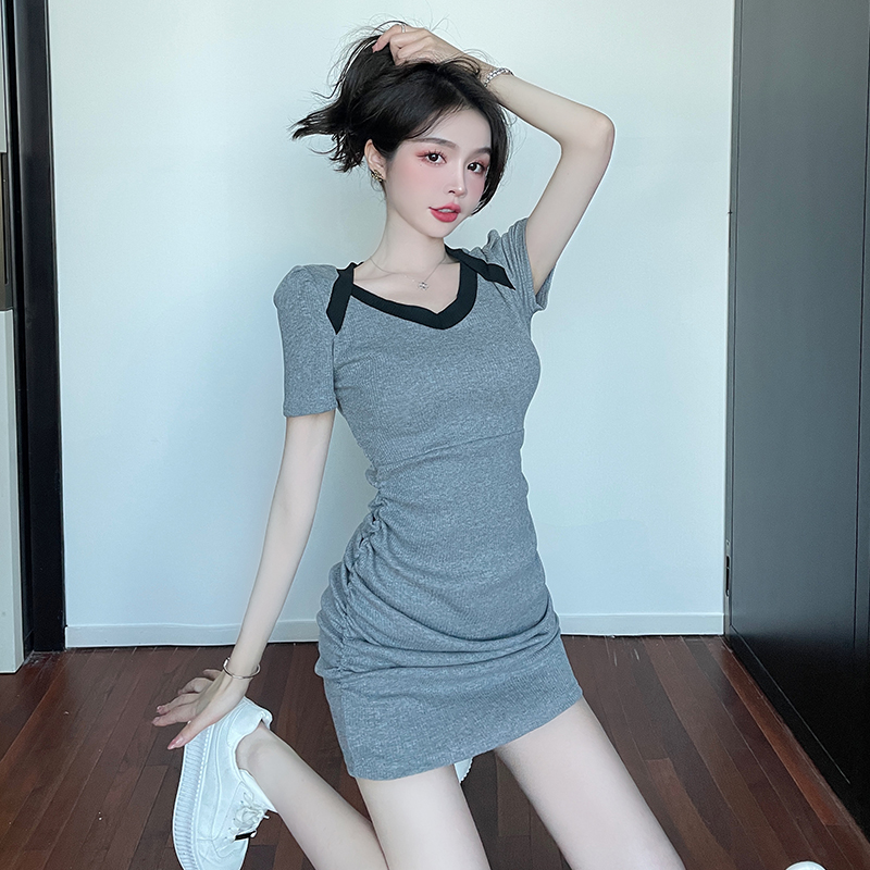 Splice fold V-neck temperament slim package hip summer dress